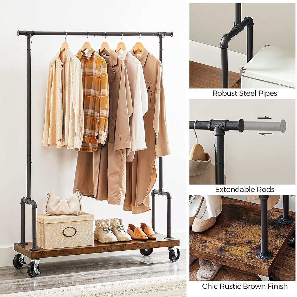 Modern Rustic Series Clothes Garment Rack Single Rail with Wheels Homecoze