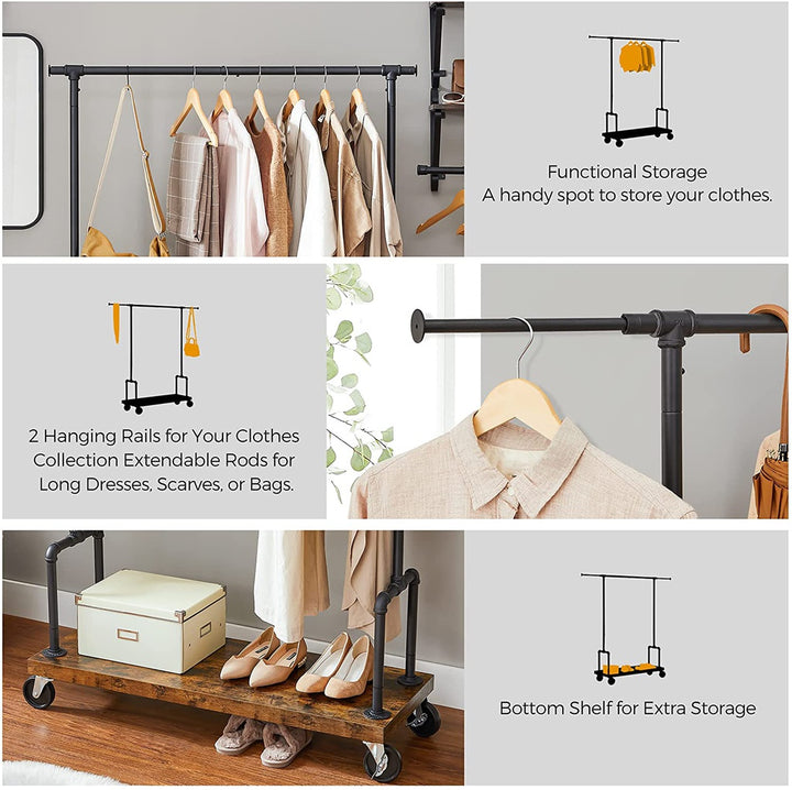 Modern Rustic Series Clothes Garment Rack Single Rail with Wheels Homecoze