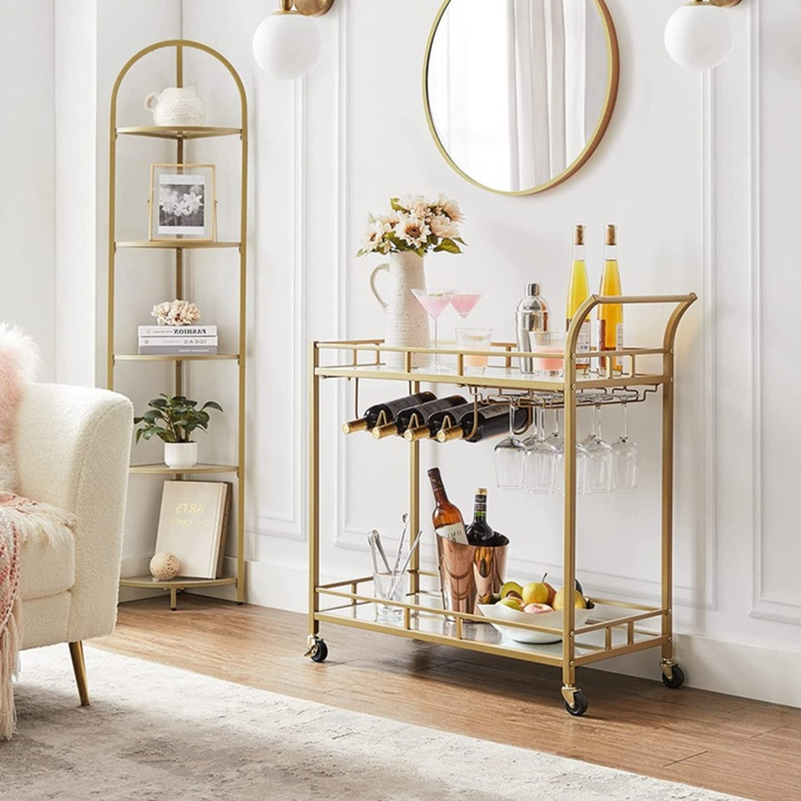 Gold & Glass Bar Cart Trolley with Wine Rack