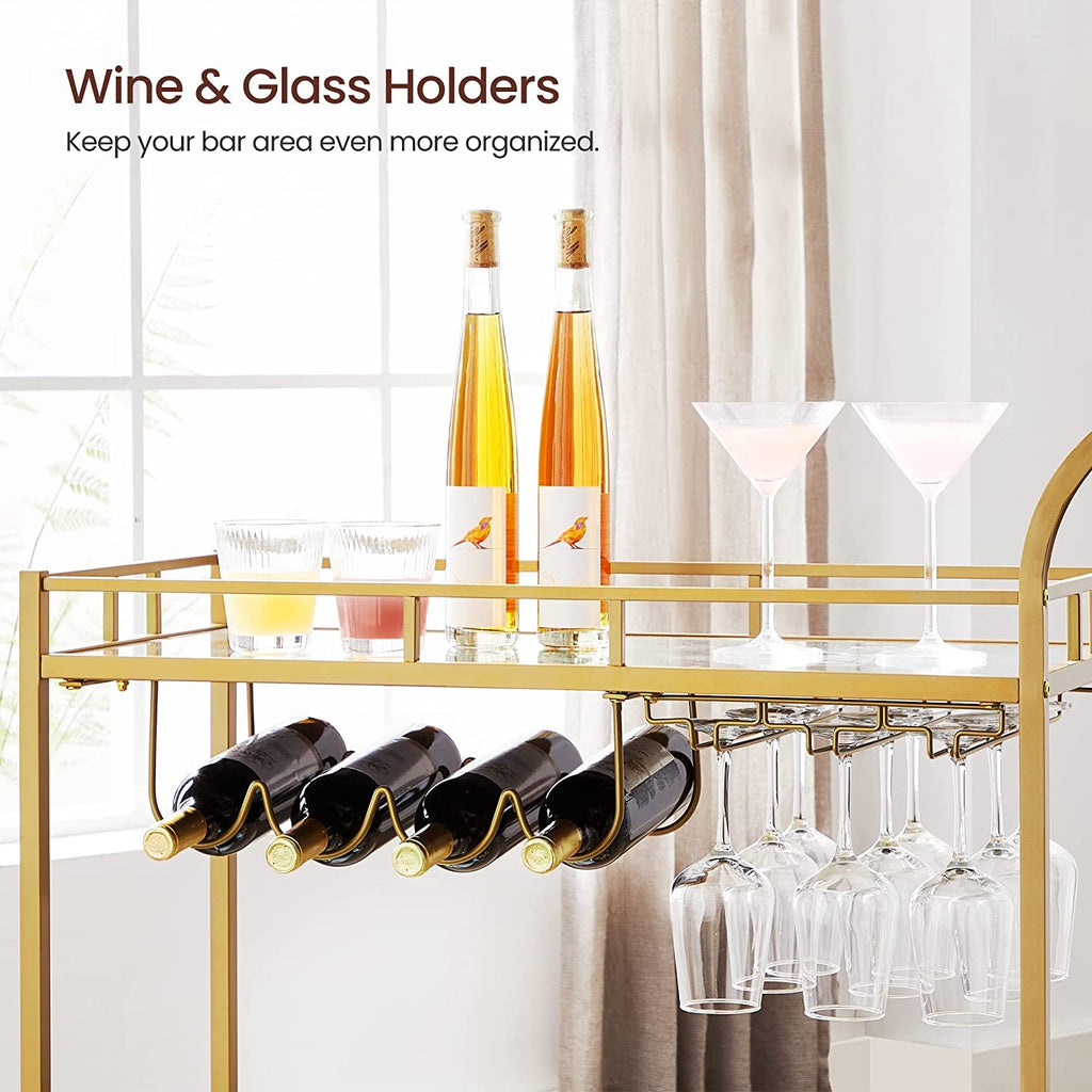 Gold & Glass Bar Cart Trolley with Wine Rack