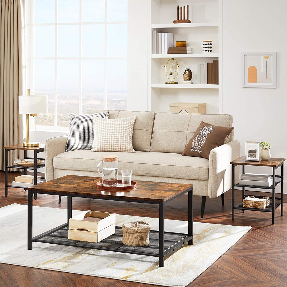 Modern Rustic Series Coffee Table with Dense Mesh Shelf - Rustic Brown Homecoze