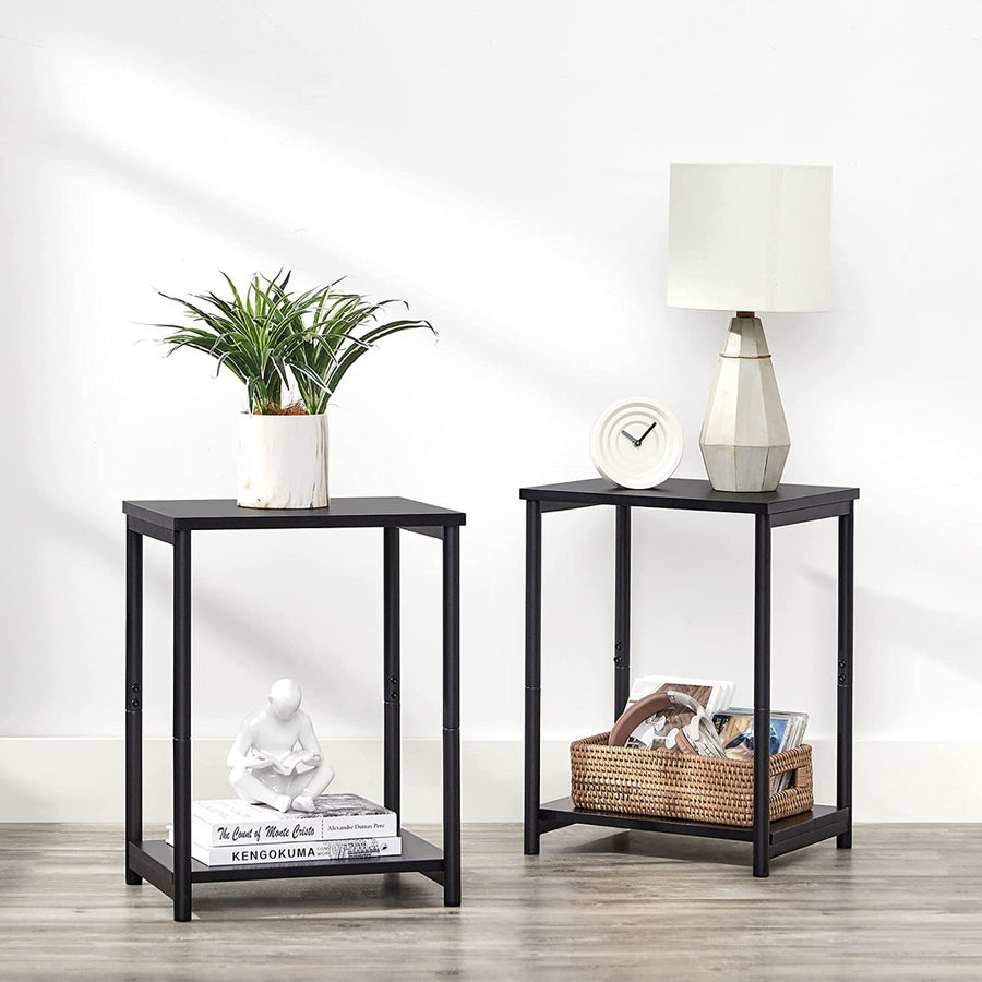 Set of 2 Bed Side Tables Stands with Storage Shelf Charcoal Black Homecoze