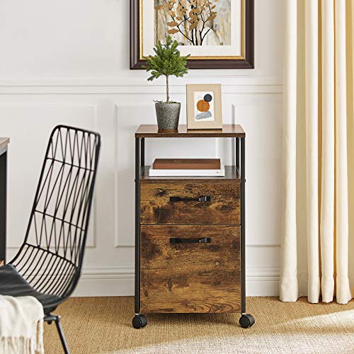 Modern Rustic Series Filing Cabinet 2 Drawers with Wheels and Shelf - Brown Homecoze