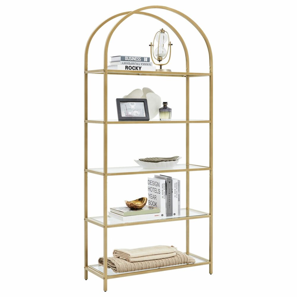 Modern Gold Frame 5 Tier Storage Book Display Shelf with Tempered Glass Top Homecoze