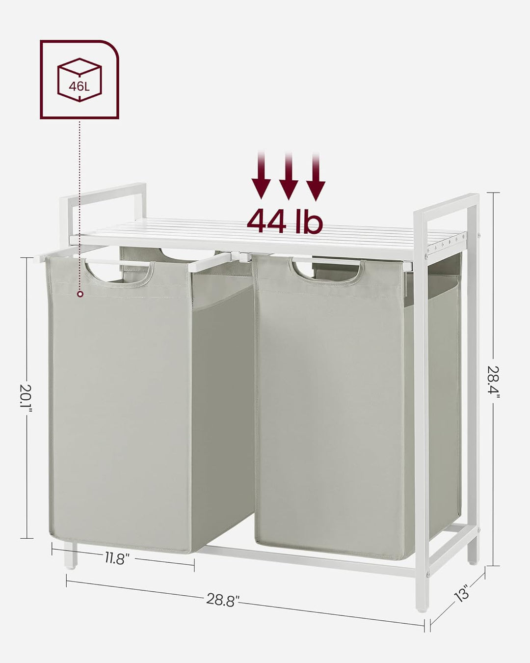 Laundry Hamper Clothes Basket with Shelf 2 x 46L Pull-Out Bags - White