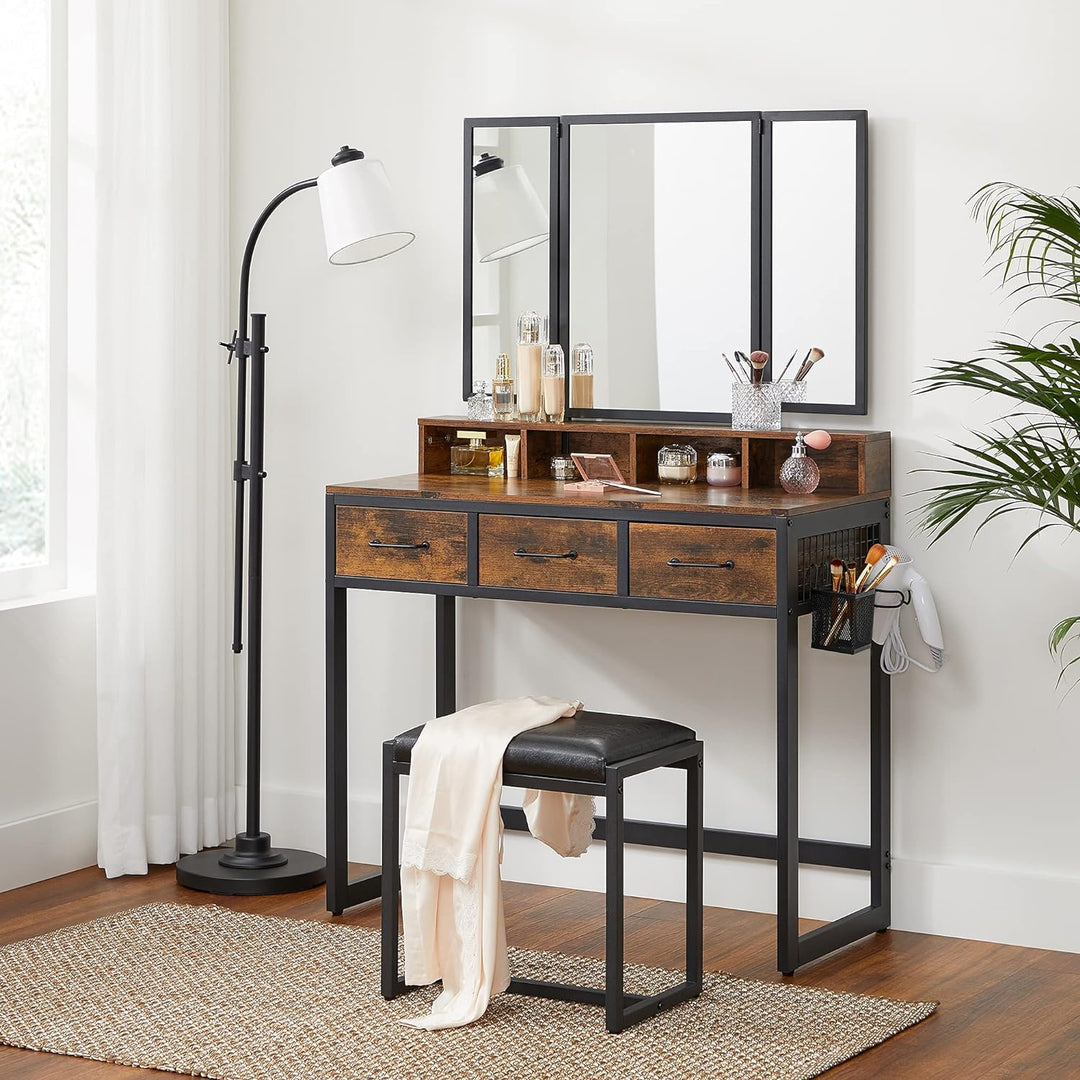 Modern Rustic Dressing Table with Trifold Makeup Mirror