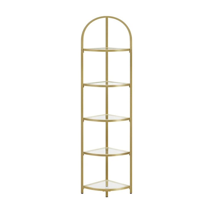 Modern Gold Frame 5 Tier Corner Storage Book Display Shelf Tempered Glass Homecoze