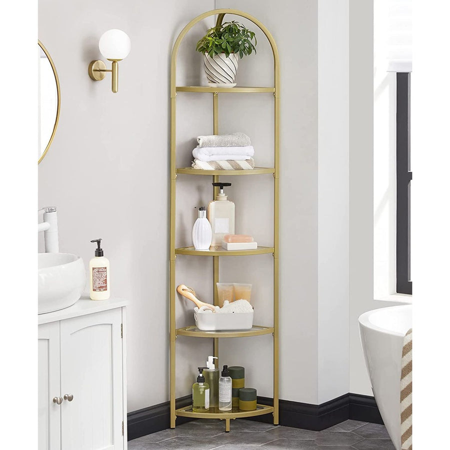 Modern Gold Frame 5 Tier Corner Storage Book Display Shelf Tempered Glass Homecoze