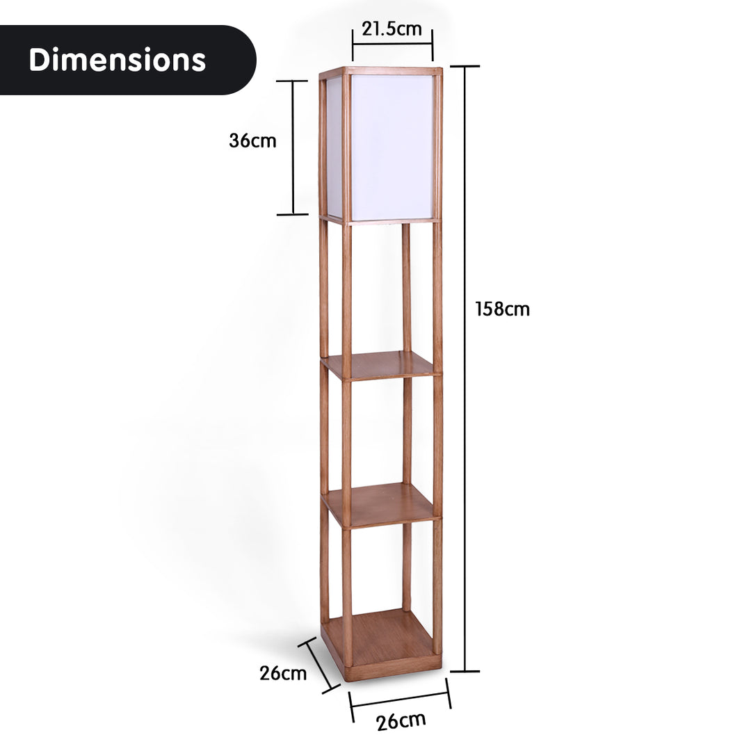 Etagere Floor Lamp Off-White Fabric Shade in Wood Finish