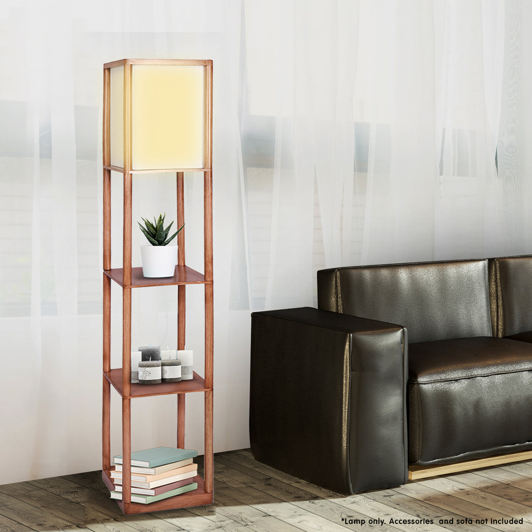 Etagere Floor Lamp Off-White Fabric Shade in Wood Finish