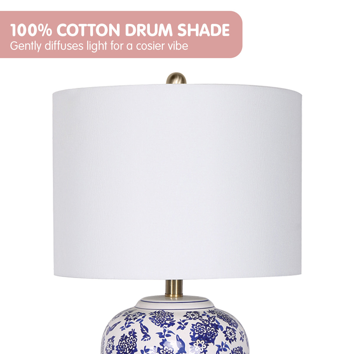 Table Lamp Ceramic Floral Base Cotton Drum Shade - Homecoze