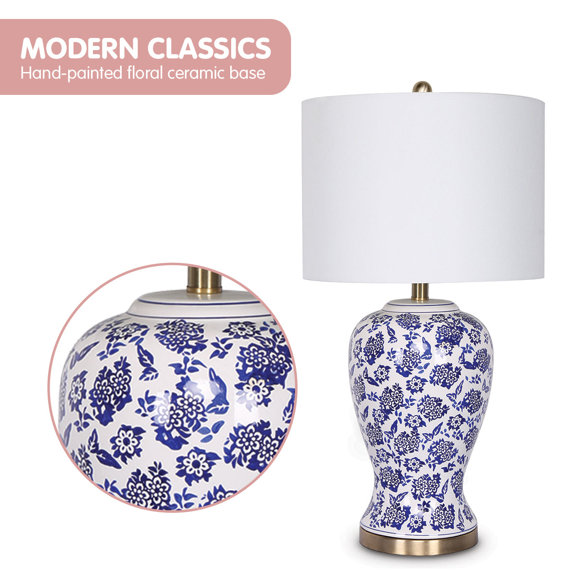Table Lamp Ceramic Floral Base Cotton Drum Shade - Homecoze
