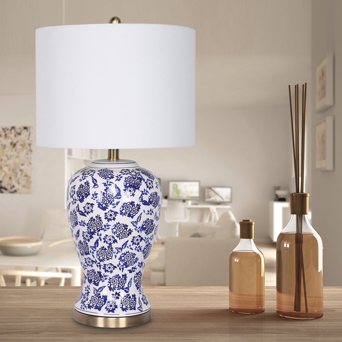 Table Lamp Ceramic Floral Base Cotton Drum Shade - Homecoze
