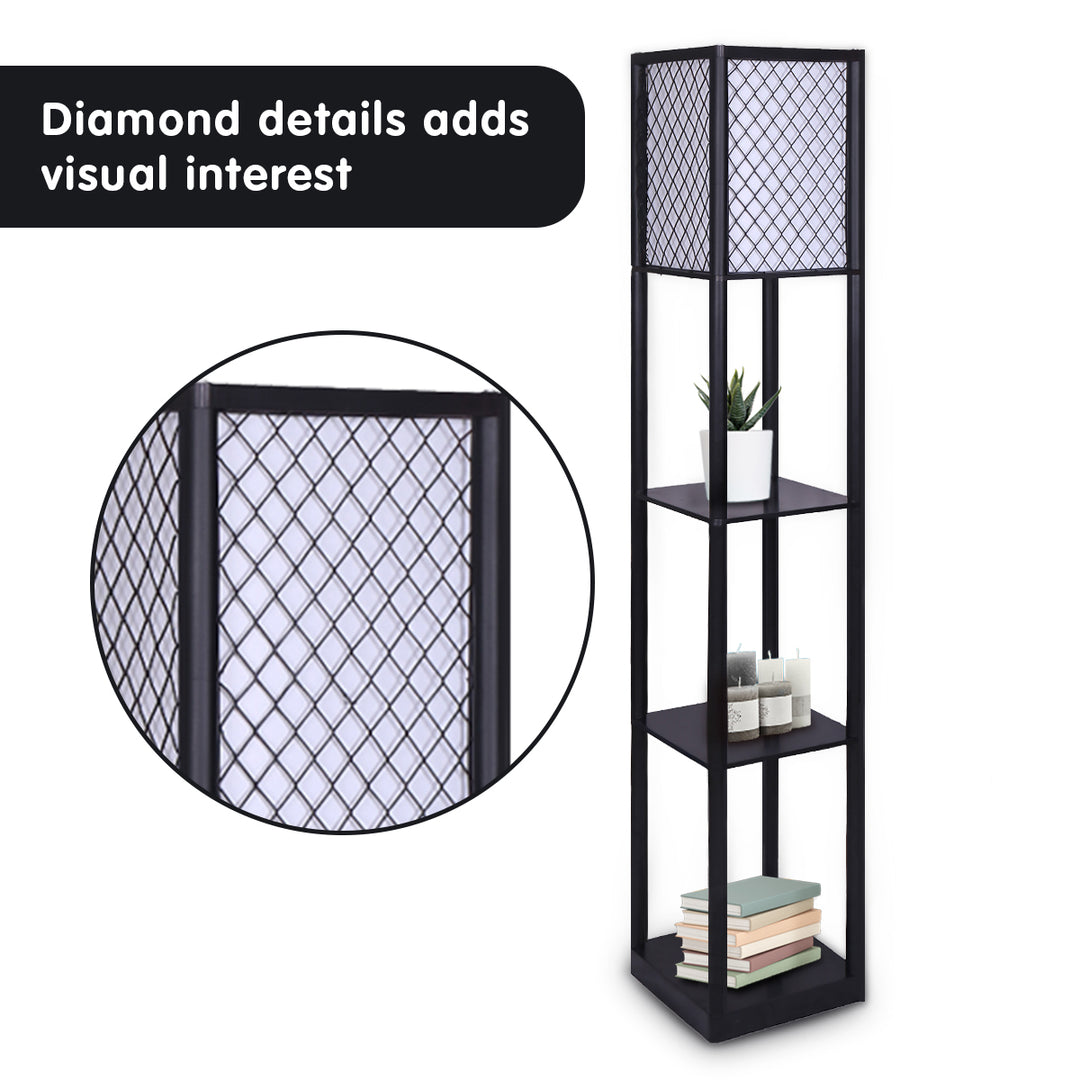 Etagere Floor Lamp Diamond Look Fabric Shade Shelves Black