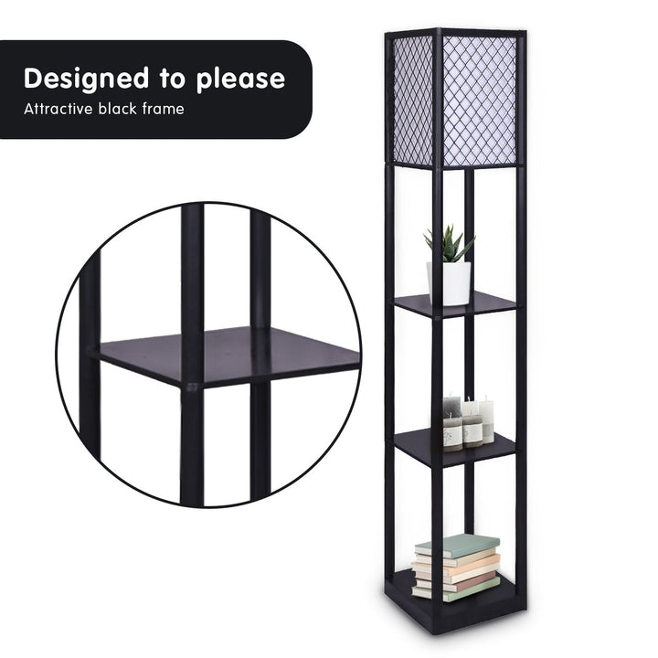 Etagere Floor Lamp Diamond Look Fabric Shade Shelves Black