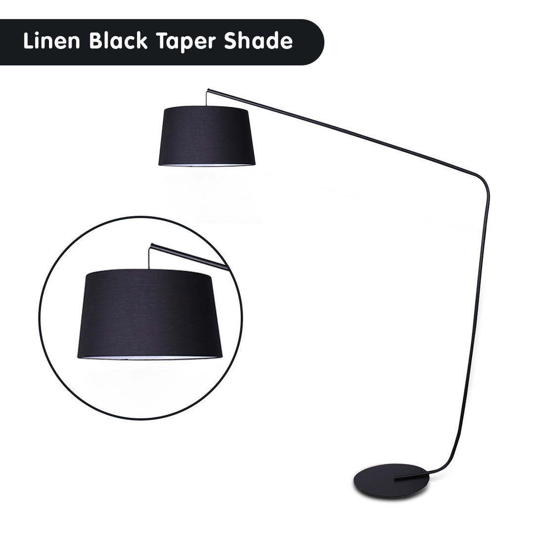 Metal Arc Floor Lamp in Black Finish with Linen Taper Shade