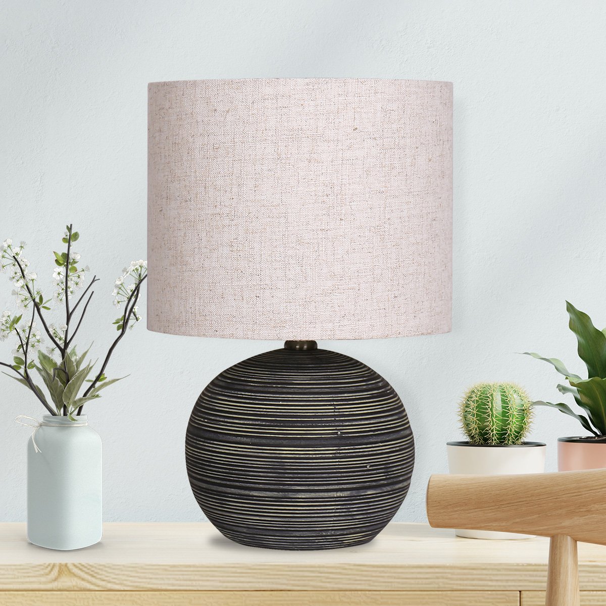 Ceramic Table Lamp With Striped Pattern In Antique Black - Homecoze