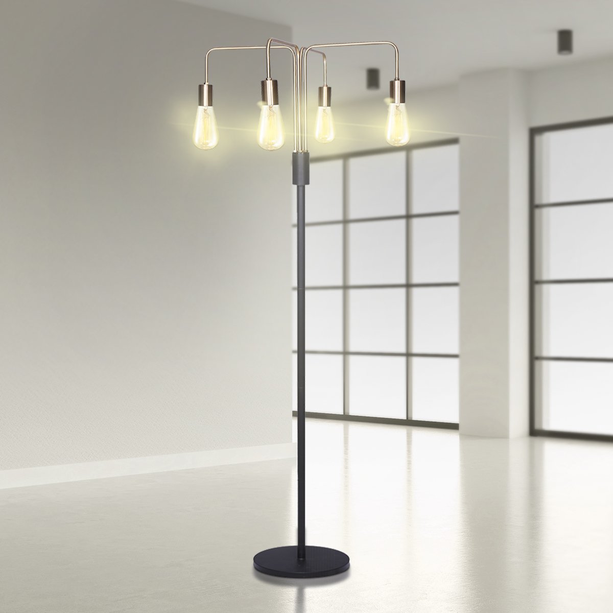 Modern Exposed Bulb 4-Arm Industrial Light Floor Lamp - Homecoze
