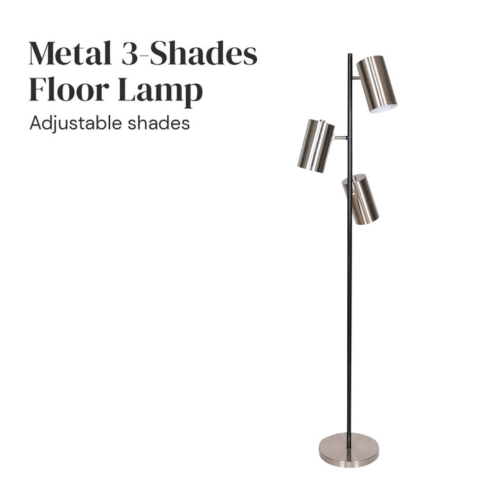 3-Shade Metal Floor Lamp Nickel & Matte Black Finish