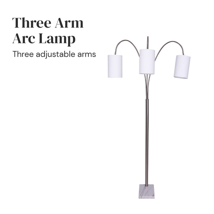 3-Light Metal Arc Floor Lamp - Nickel & Marble Finish