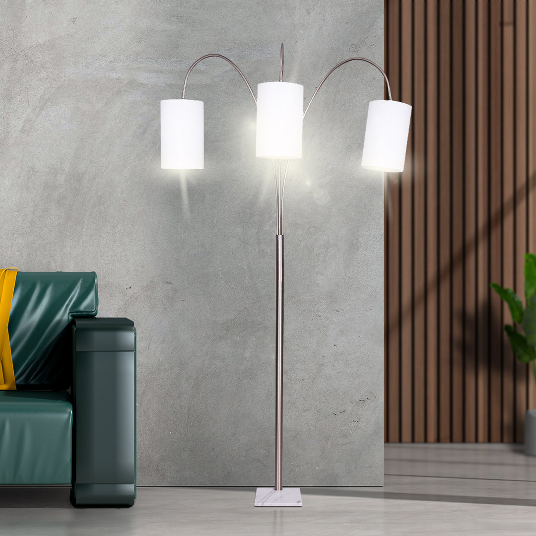 3-Light Metal Arc Floor Lamp - Nickel & Marble Finish