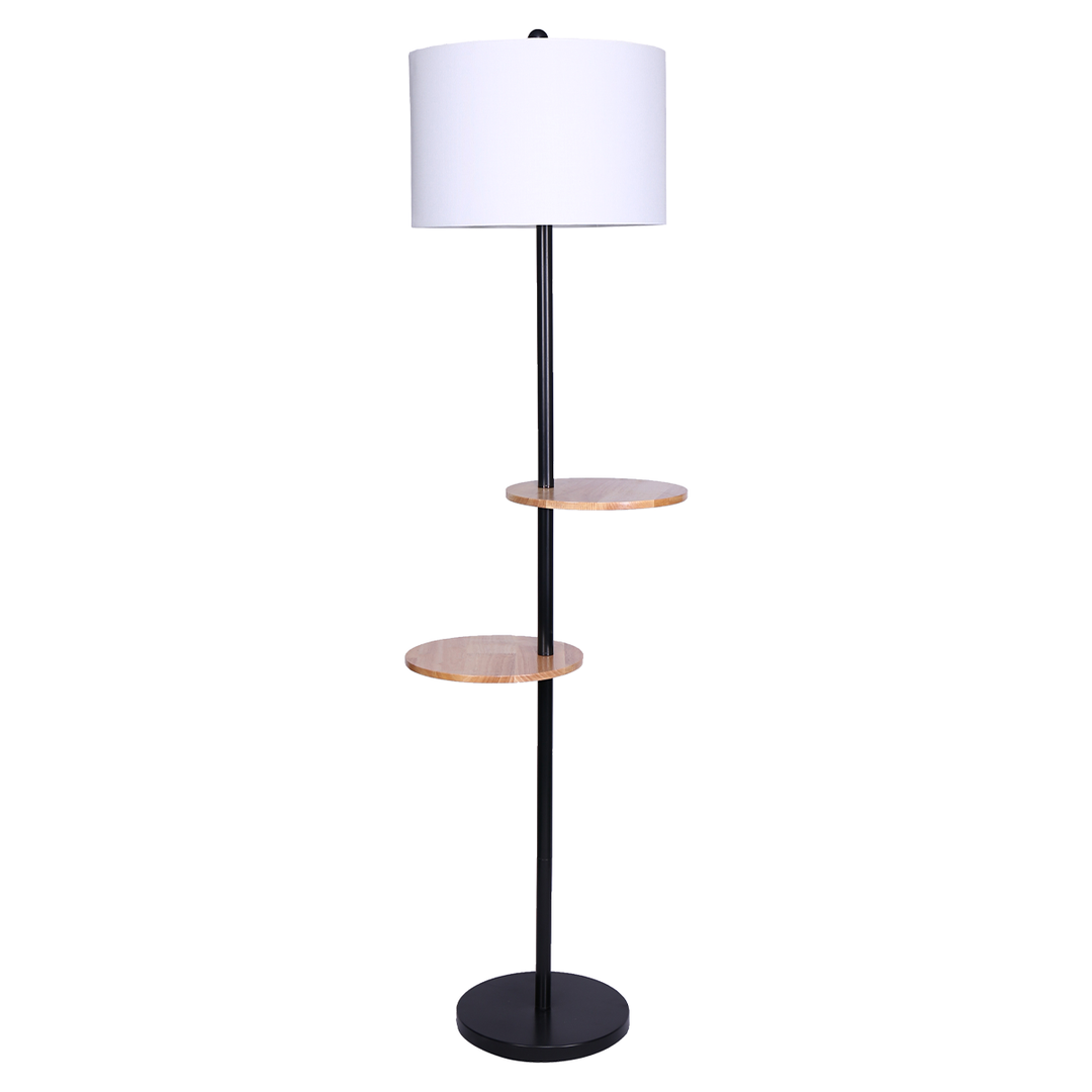 Metal Floor Lamp Shade with Black Post in Round Wood Shelves