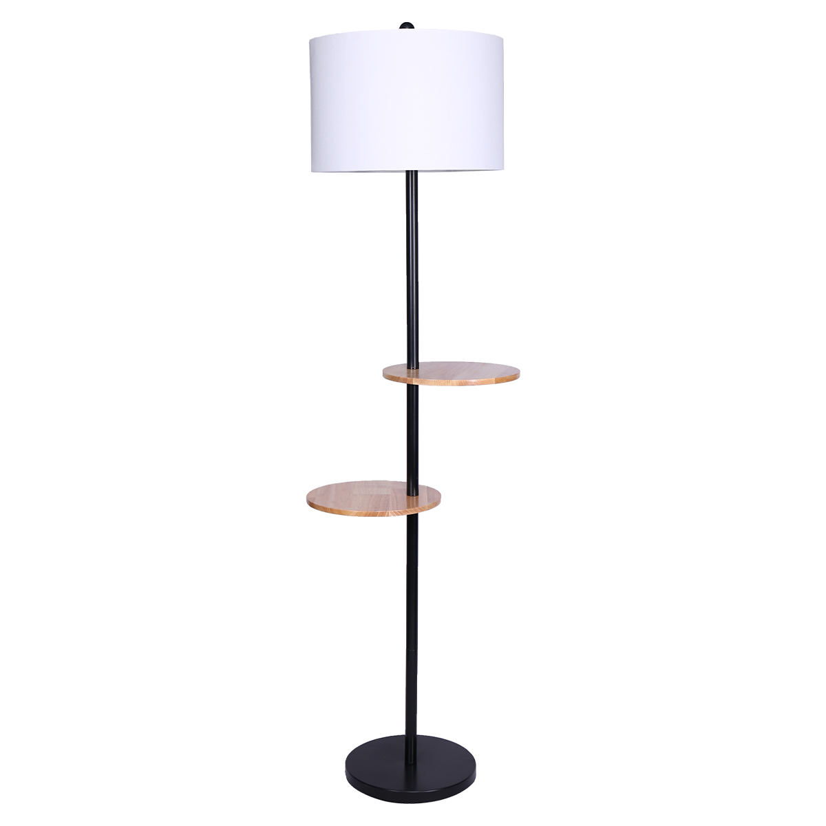 Metal Floor Lamp Shade with Black Post in Round Wood Shelves - Homecoze