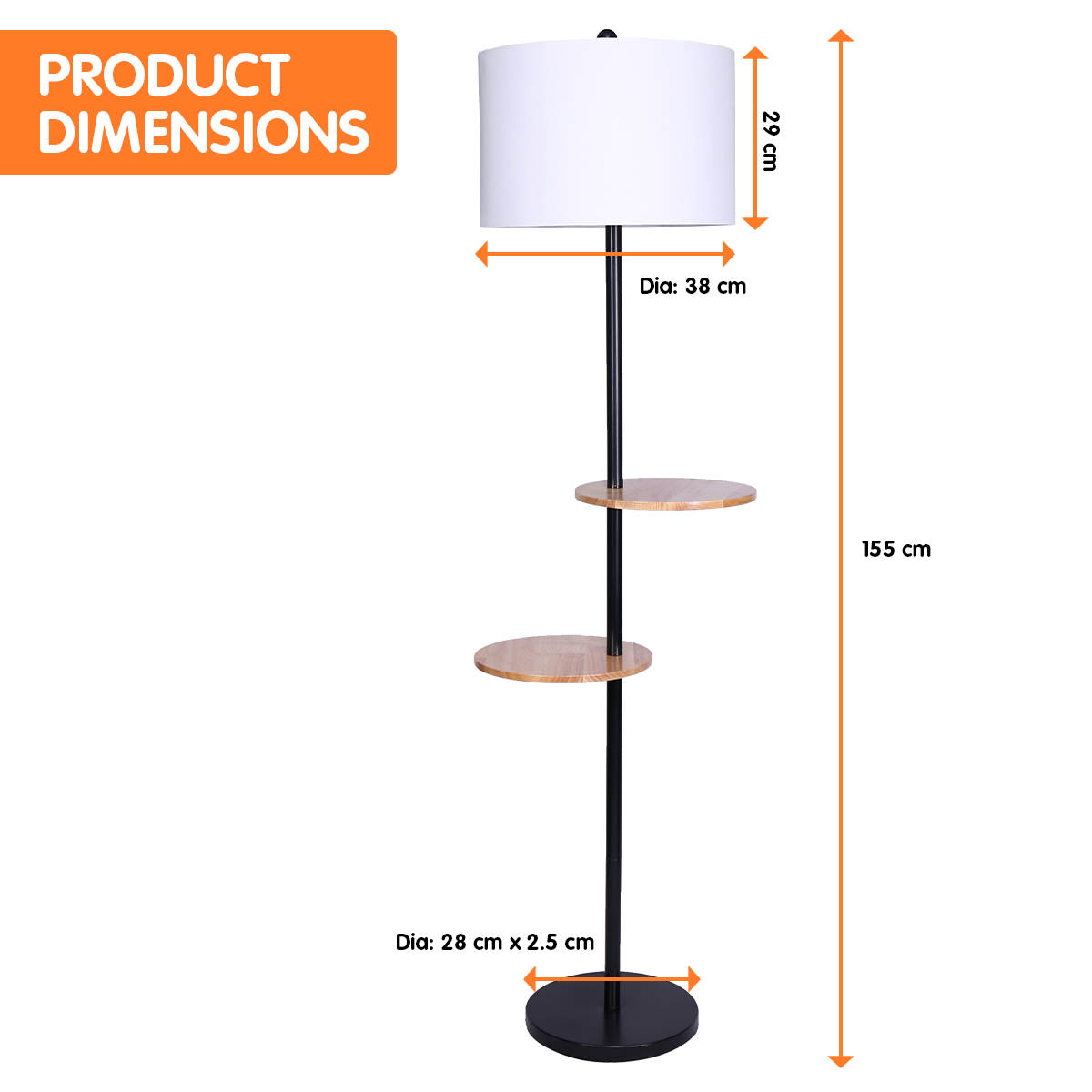 Metal Floor Lamp Shade with Black Post in Round Wood Shelves - Homecoze