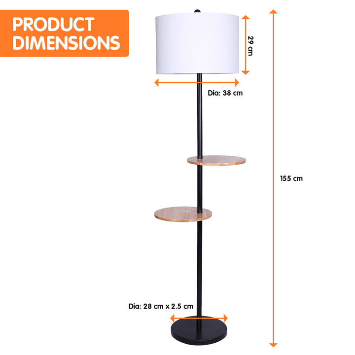 Metal Floor Lamp Shade with Black Post in Round Wood Shelves