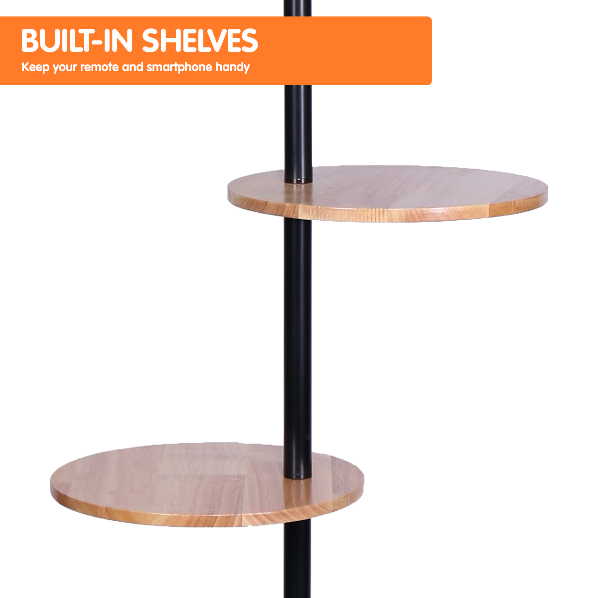 Metal Floor Lamp Shade with Black Post in Round Wood Shelves - Homecoze