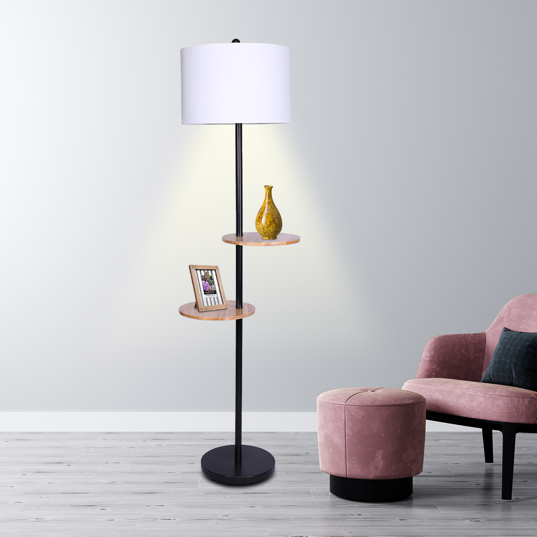 Metal Floor Lamp Shade with Black Post in Round Wood Shelves