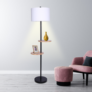 Metal Floor Lamp Shade with Black Post in Round Wood Shelves - Homecoze