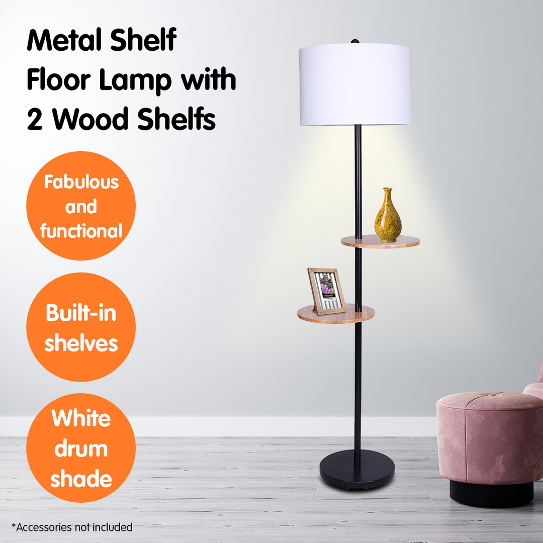 Metal Floor Lamp Shade with Black Post in Round Wood Shelves