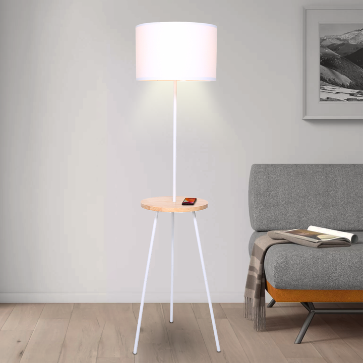 Metal Tripod Floor Lamp Shade with Wooden Table Shelf