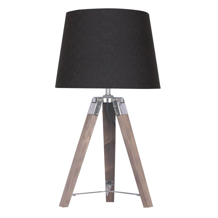 Wooden Tripod Table Lamp With Black Taper Fabric Shade