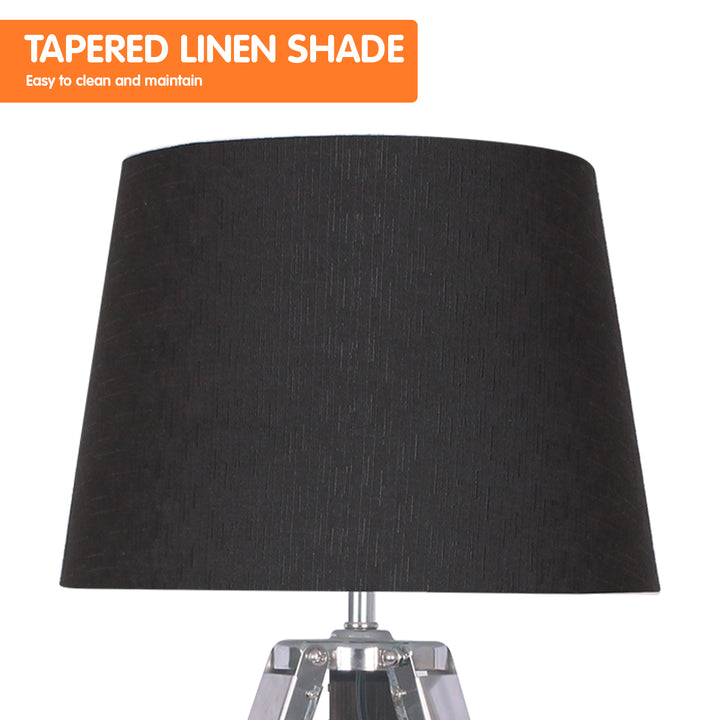 Wooden Tripod Table Lamp With Black Taper Fabric Shade