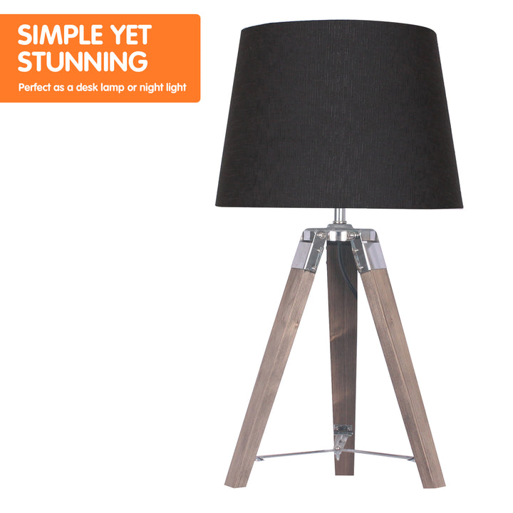 Wooden Tripod Table Lamp With Black Taper Fabric Shade