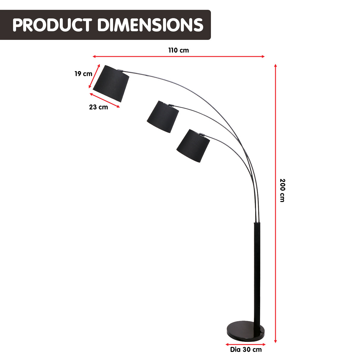 3-Light Arc Floor Lamp Adjustable Black 3 Shades - Homecoze