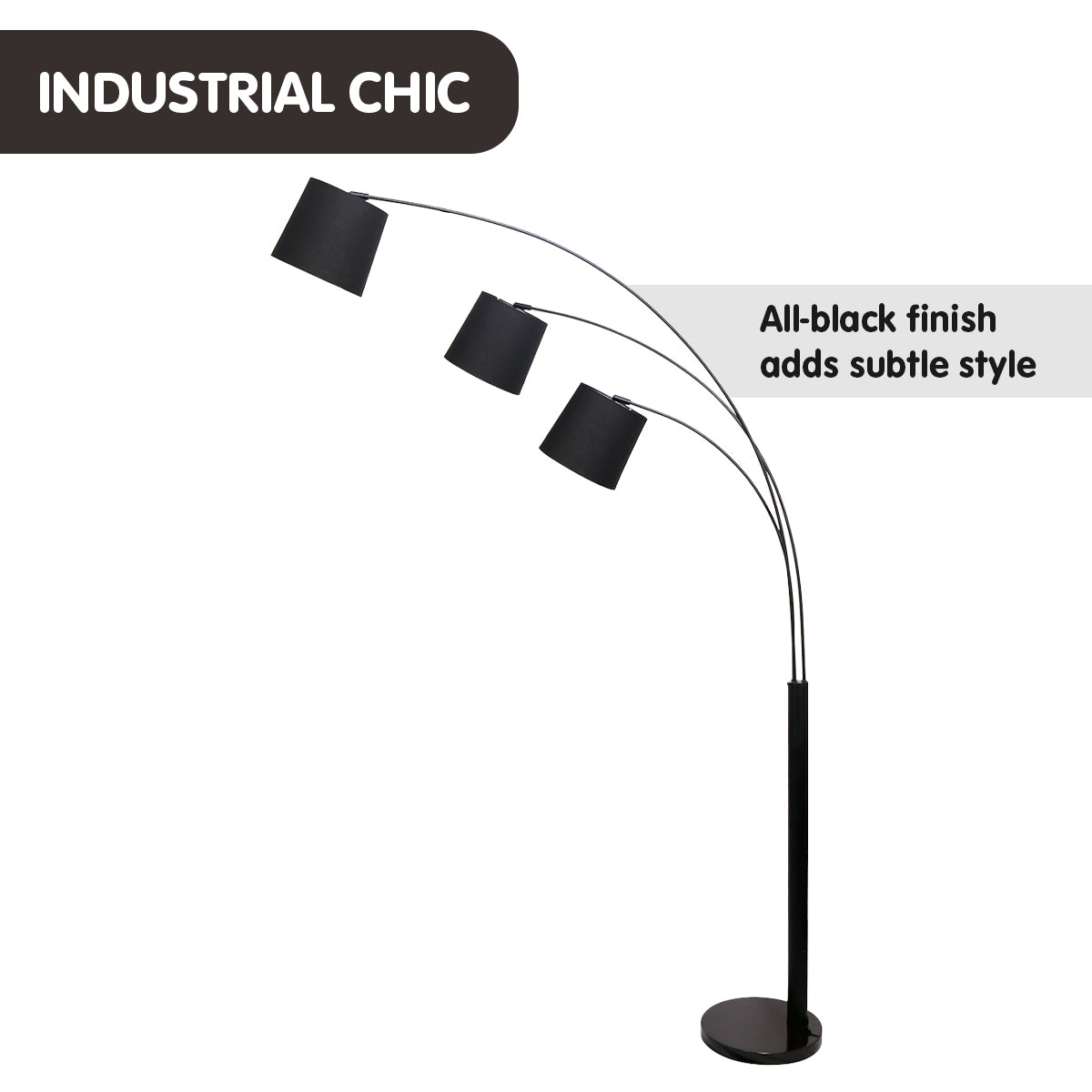 3-Light Arc Floor Lamp Adjustable Black 3 Shades - Homecoze