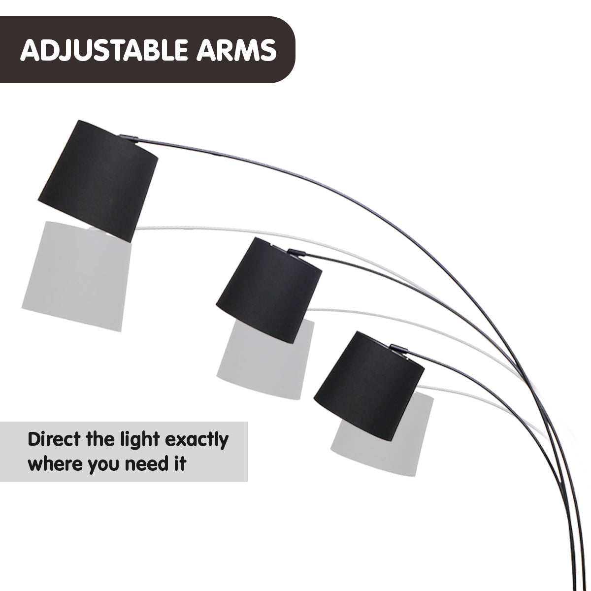 3-Light Arc Floor Lamp Adjustable Black 3 Shades - Homecoze