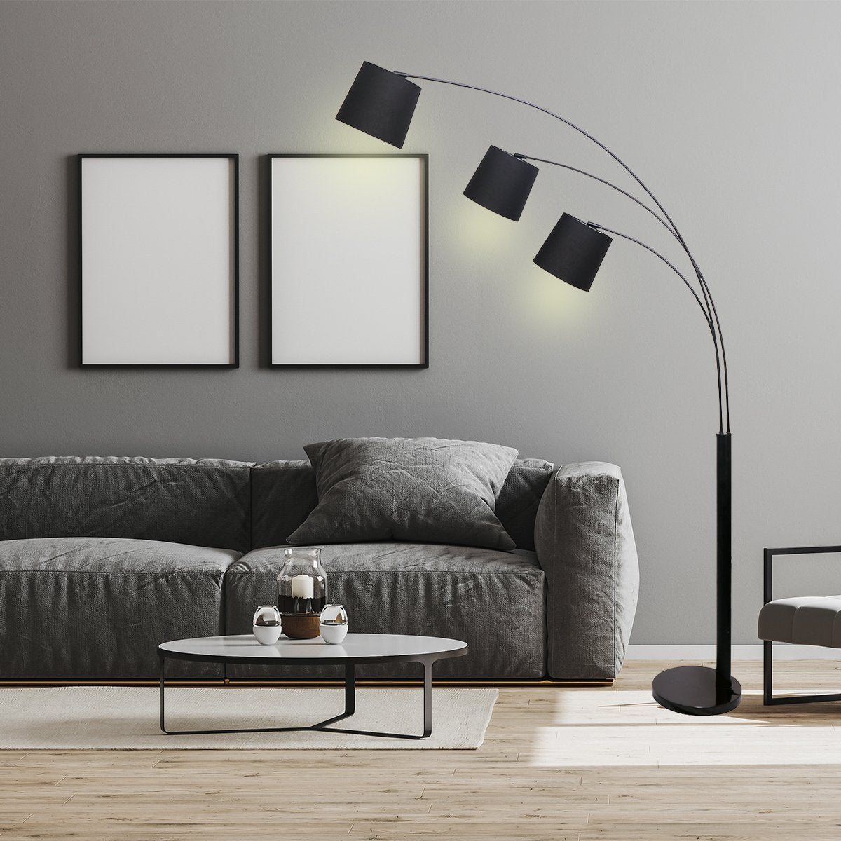 3-Light Arc Floor Lamp Adjustable Black 3 Shades - Homecoze