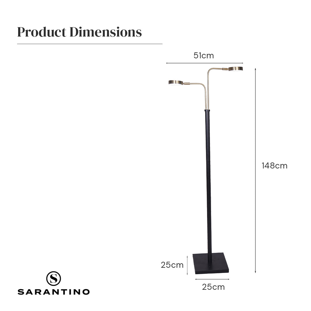 LED Metal Floor Lamp with 2 Lights in Brushed Gold and Black Finish