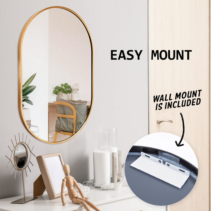 Gold Wall Mirror Oval Aluminum Frame Makeup Décor Bathroom Vanity 50 x 75cm Homecoze