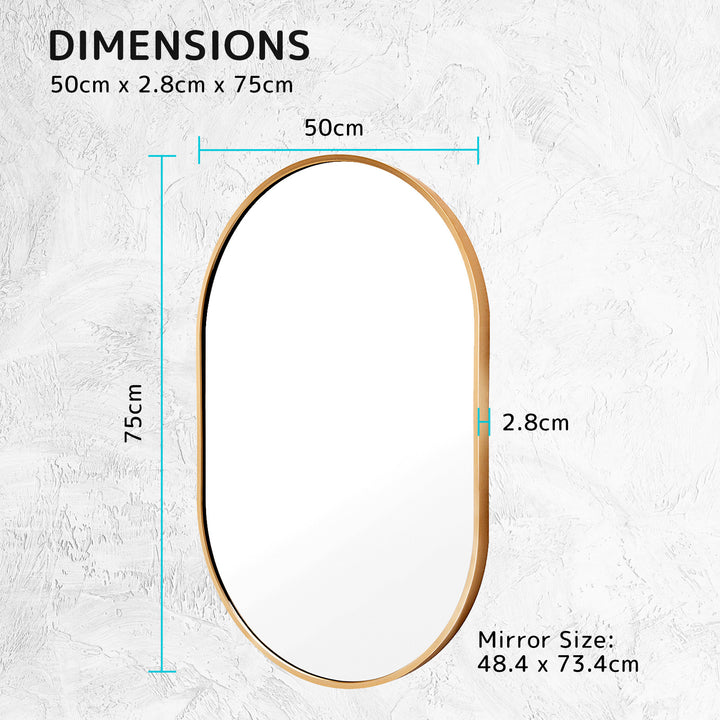 Gold Wall Mirror Oval Aluminum Frame Makeup Décor Bathroom Vanity 50 x 75cm Homecoze