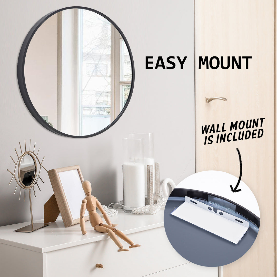 Black Wall Mirror Round Aluminum Frame Makeup Décor Bathroom Vanity 70cm Homecoze