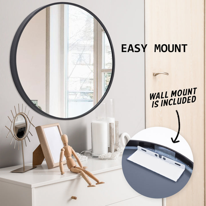 Black Wall Mirror Round Aluminum Frame Makeup Décor Bathroom Vanity 80cm Homecoze