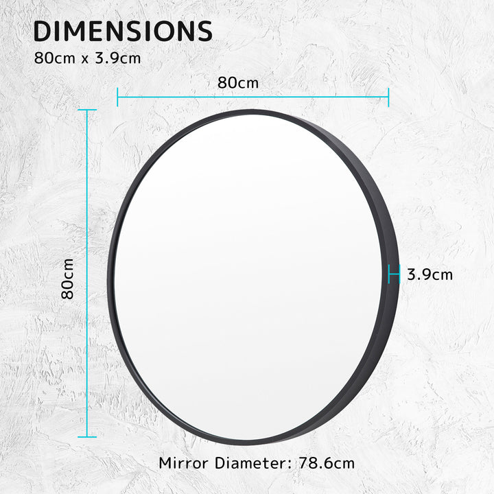 Black Wall Mirror Round Aluminum Frame Makeup Décor Bathroom Vanity 80cm Homecoze