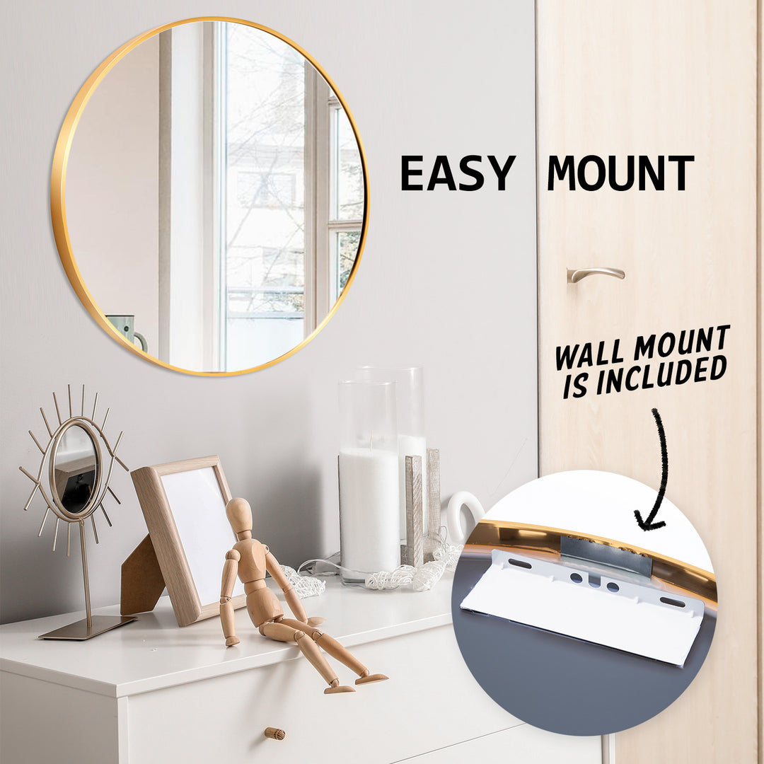 Gold Wall Mirror Round Aluminum Frame Makeup Décor Bathroom Vanity 70cm Homecoze