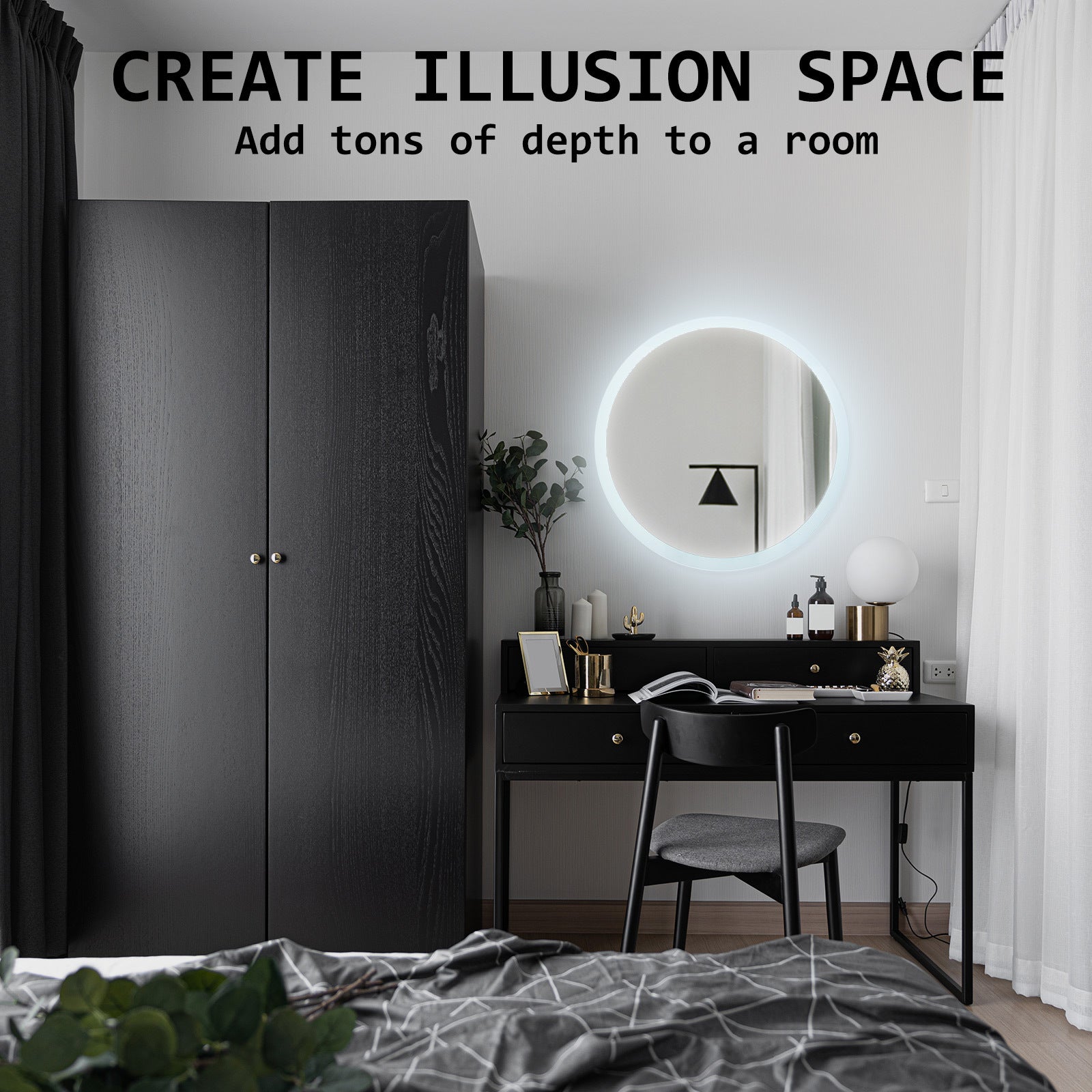 LED Anti Fog Wall Mirror Round Aluminum Frame Bathroom Vanity 50cm Homecoze