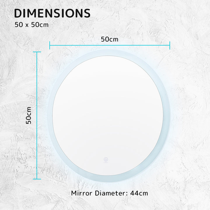 LED Anti Fog Wall Mirror Round Aluminum Frame Bathroom Vanity 50cm Homecoze
